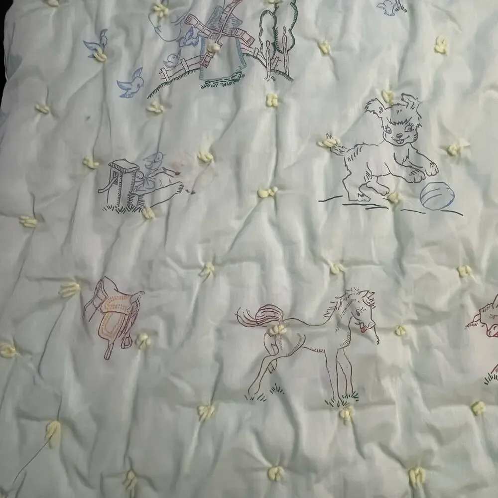 Vintage Green Baby Crib Quilt‎ 52x39 Hand Tied Animal Nursery Blanket Cats Ducks